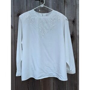 Vintage 80s Special Measures Beaded Sequin Top Plus Sz 42 22W Creamy White